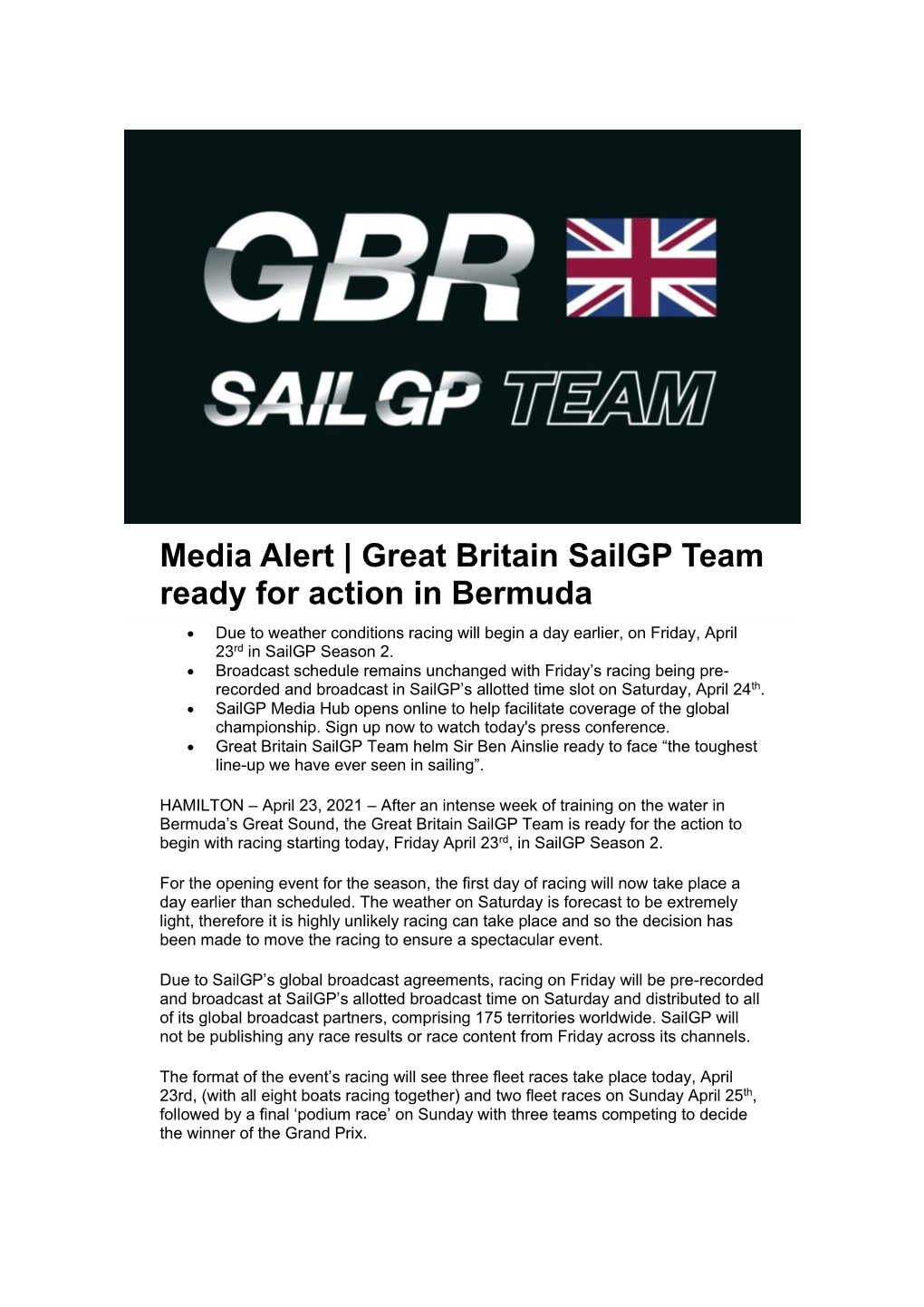 Media Alert | Great Britain Sailgp Team Ready for Action in Bermuda