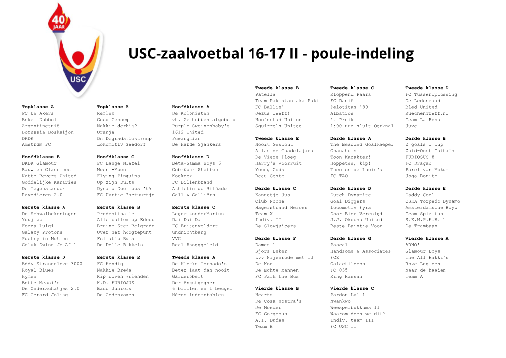 USC-Zaalvoetbal 16-17 II - Poule-Indeling