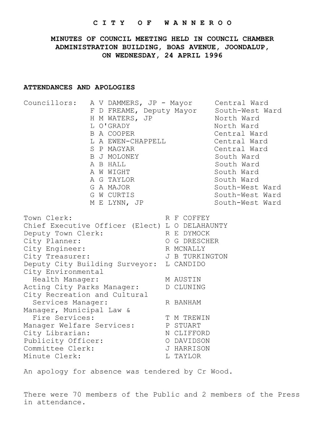 Minutes of Council Meeting Held in Council Chamber Administration Building, Boas Avenue, Joondalup, on Wednesday, 24 April 1996