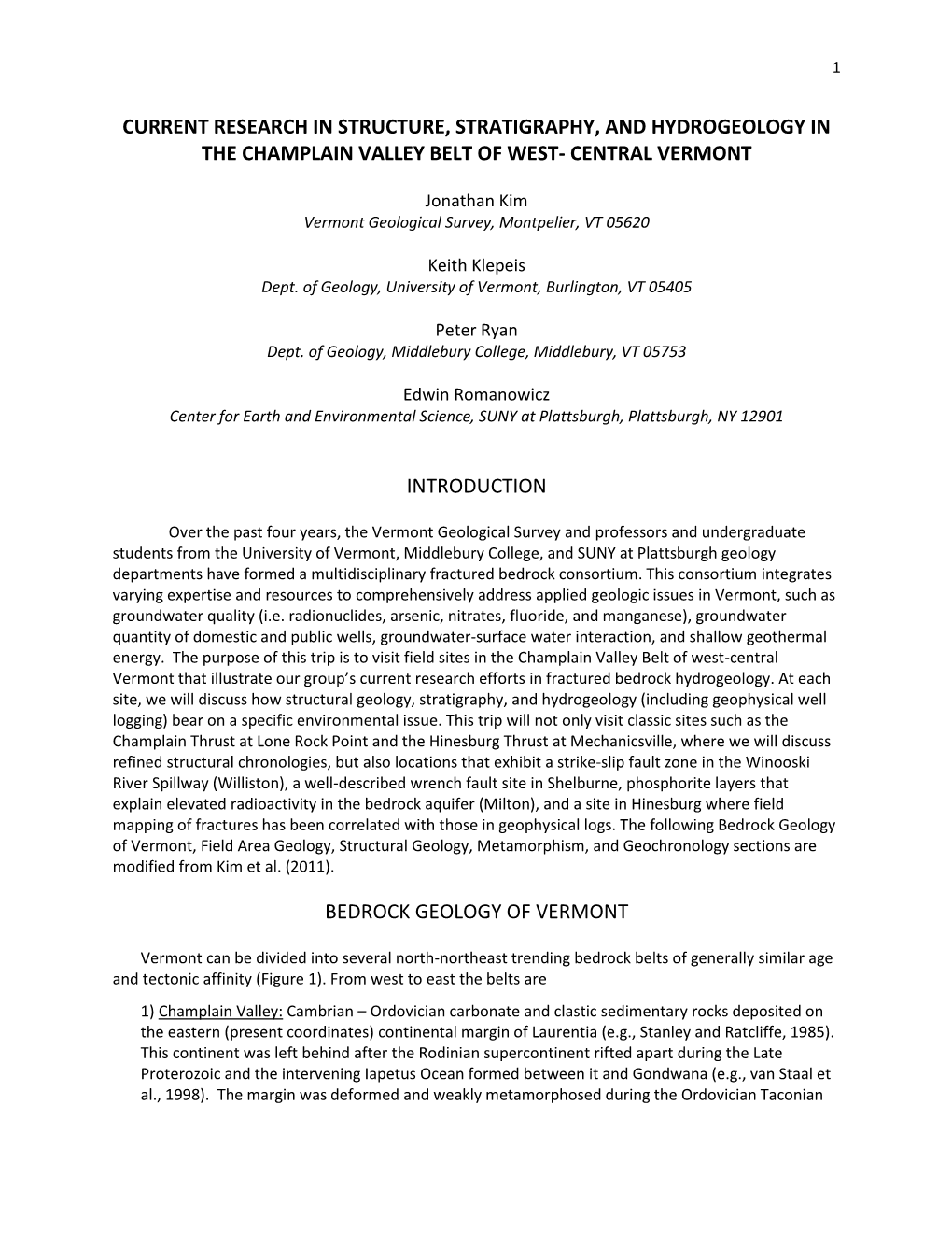 Current Research in Structure, Stratigraphy, and Hydrogeology in the Champlain Valley Belt of West- Central Vermont