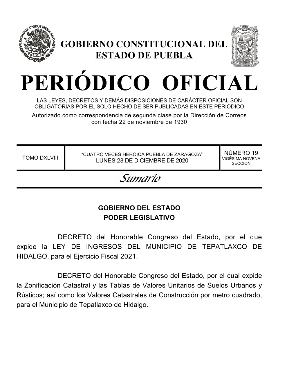 LEY DE INGRESOS DEL MUNICIPIO DE TEPATLAXCO DE HIDALGO, Para El Ejercicio Fiscal 2021