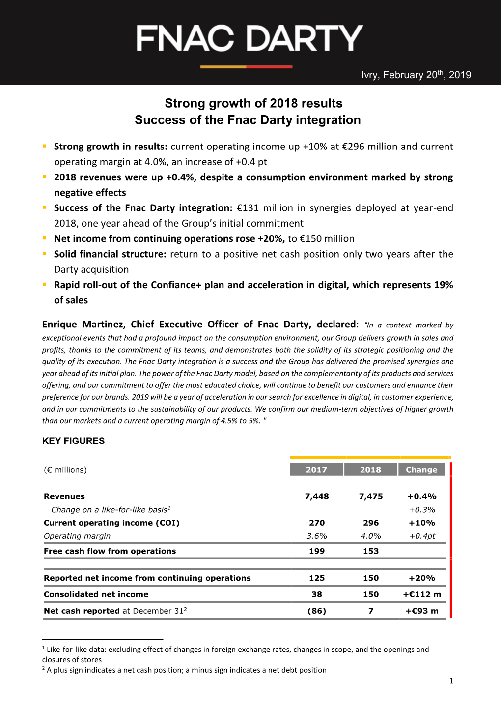 Strong Growth of 2018 Results Success of the Fnac Darty Integration