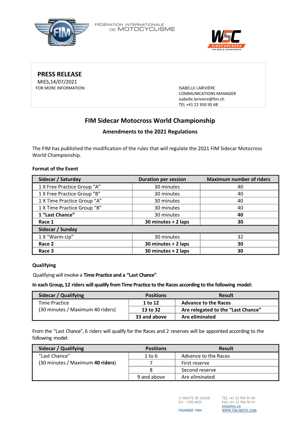 PRESS RELEASE FIM Sidecar Motocross World Championship