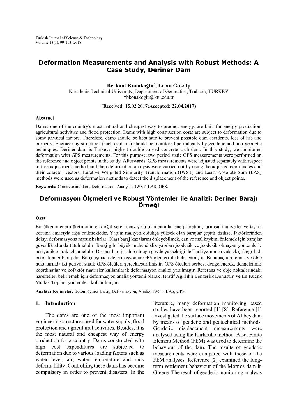 Deformation Measurements and Analysis with Robust Methods: a Case Study, Deriner Dam