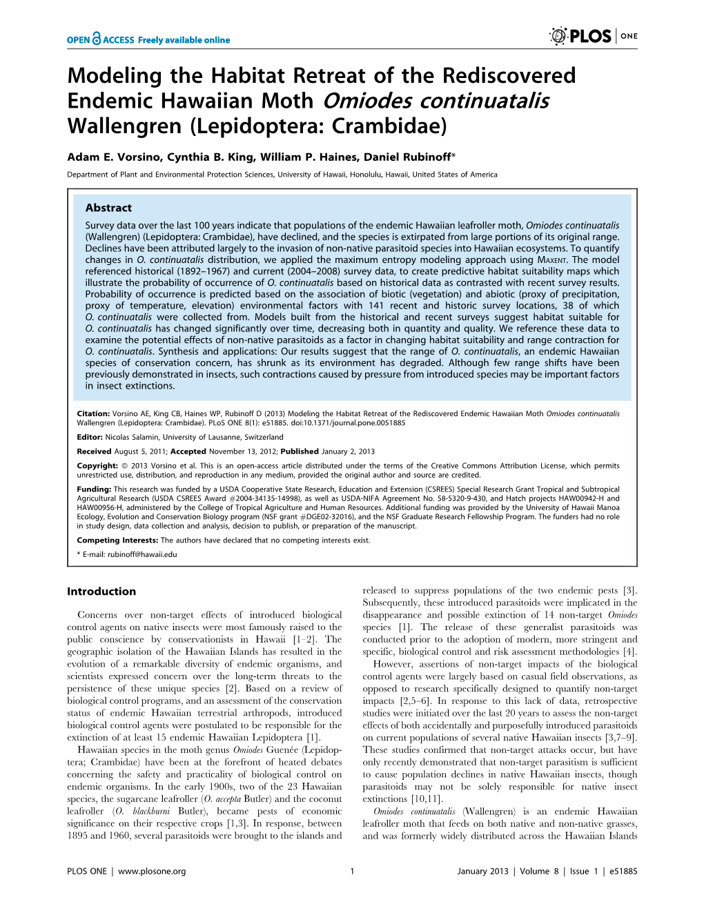 Modeling the Habitat Retreat of the Rediscovered Endemic Hawaiian Moth Omiodes Continuatalis Wallengren (Lepidoptera: Crambidae)