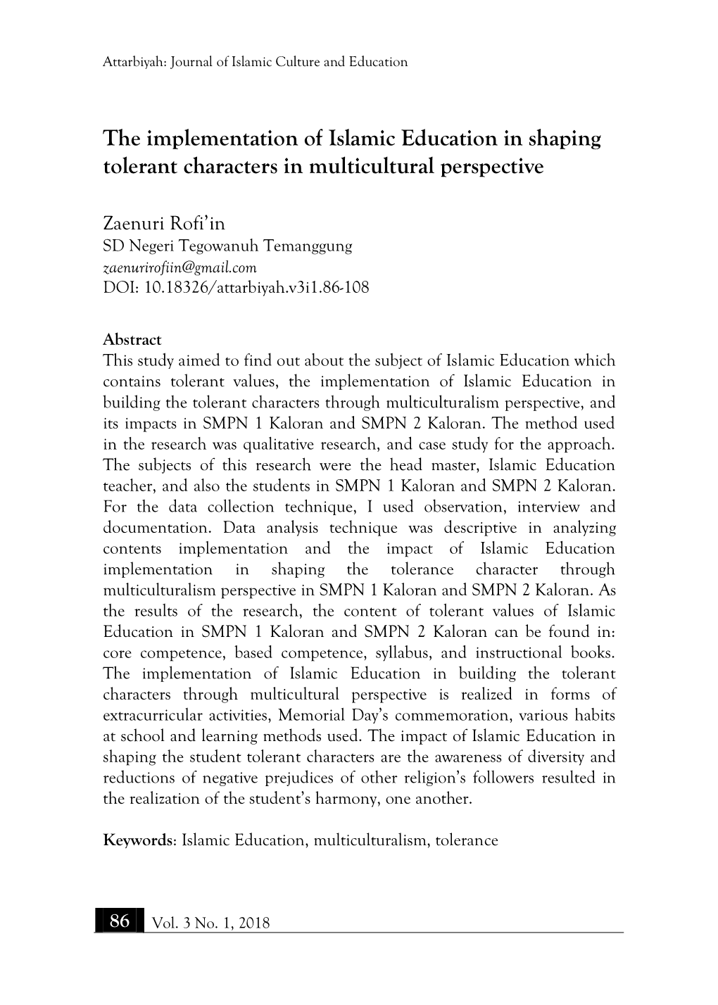 The Implementation of Islamic Education in Shaping Tolerant Characters in Multicultural Perspective