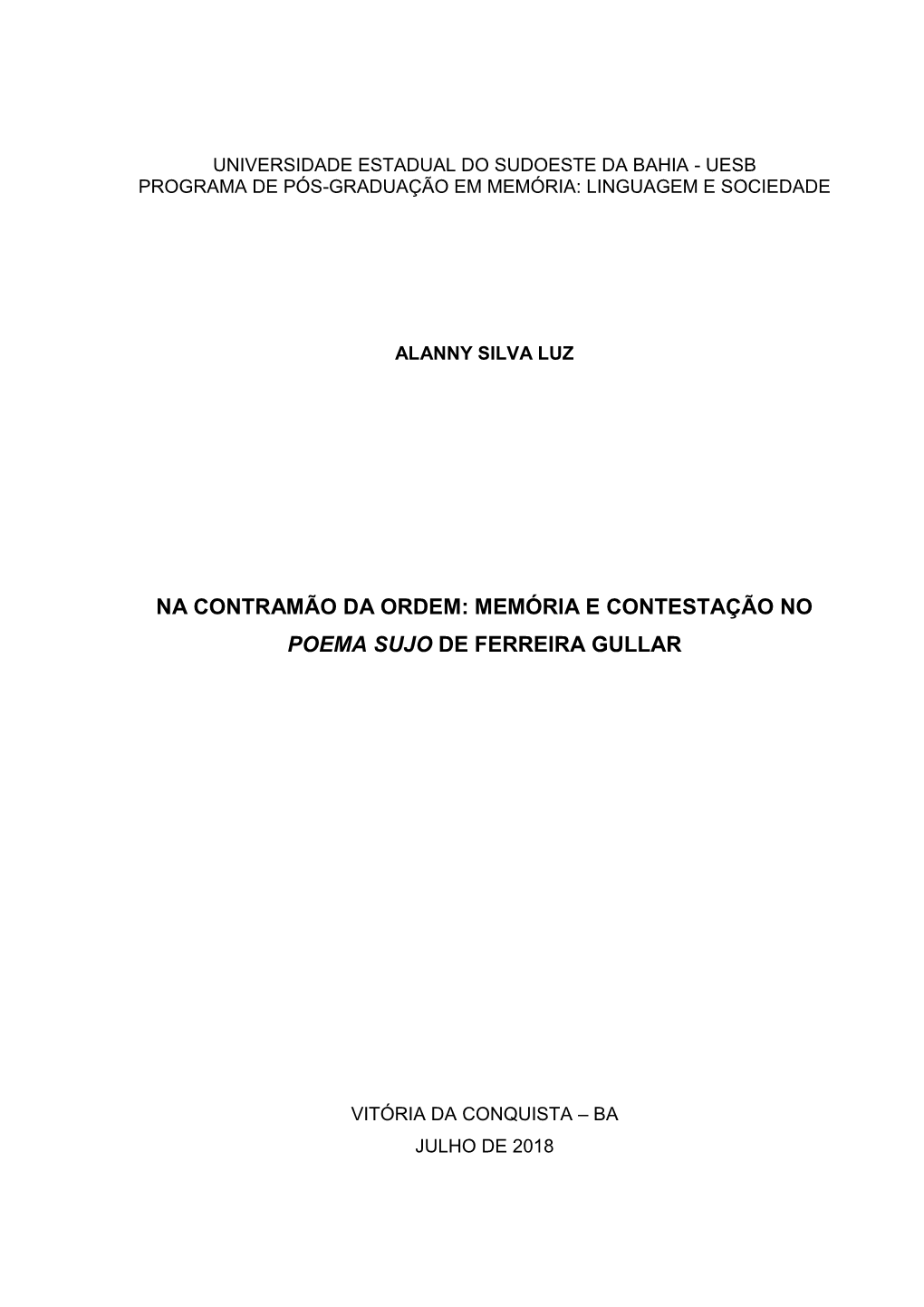 Memória E Contestação No Poema Sujo De Ferreira Gullar