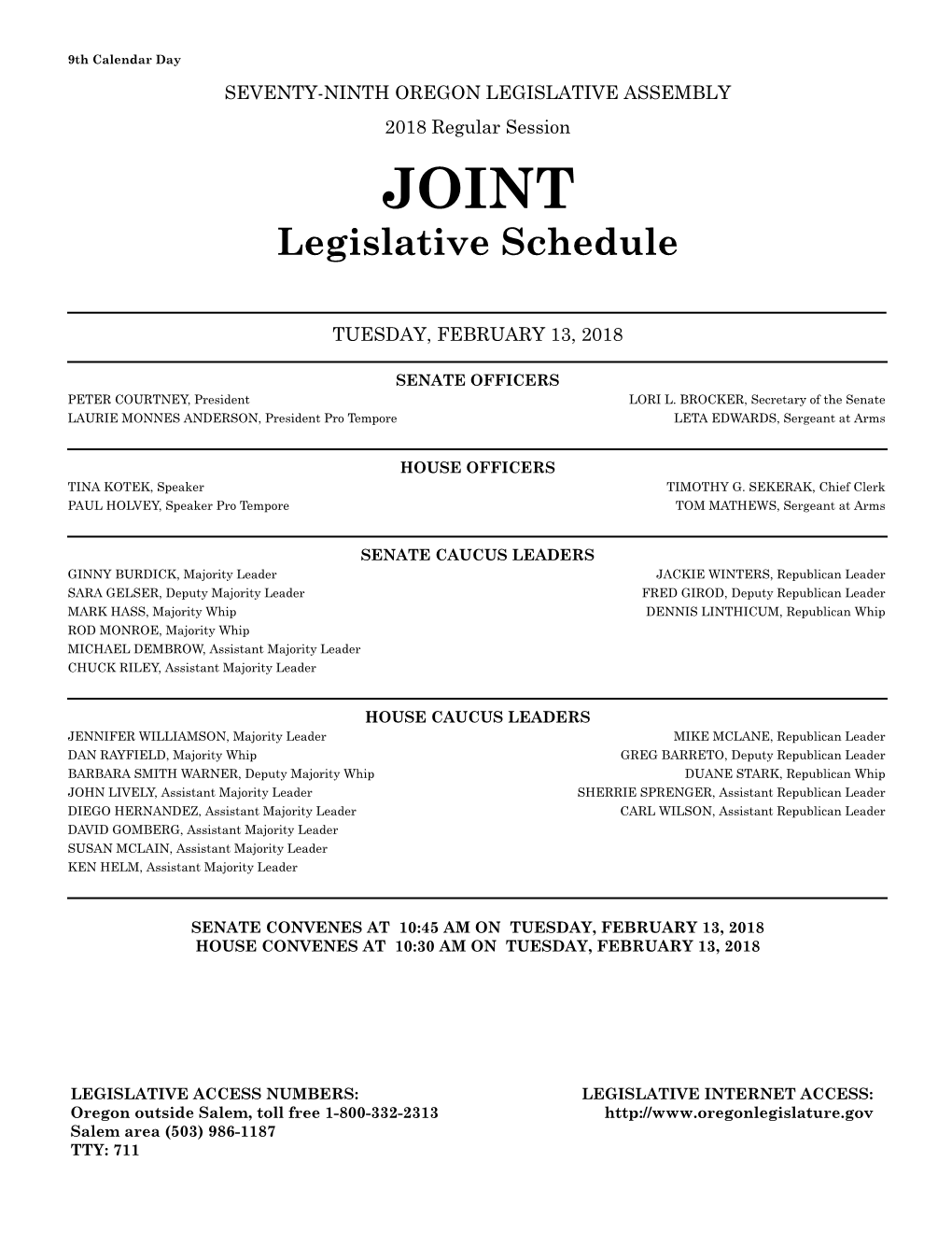 Legislative Schedule