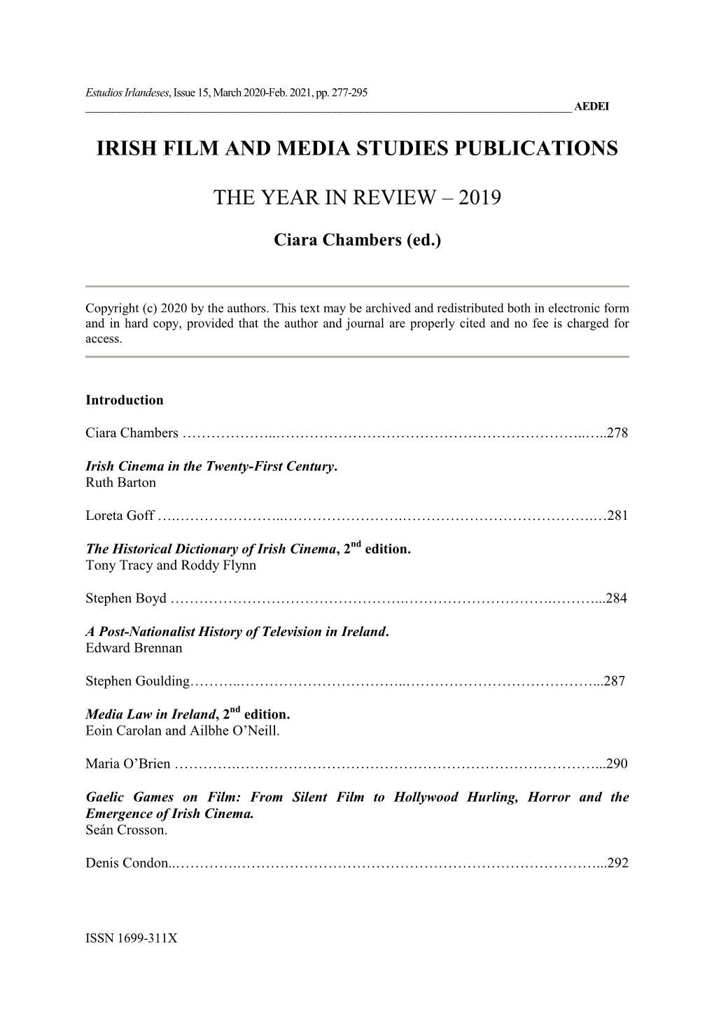 Irish Film and Media Studies Publications the Year In