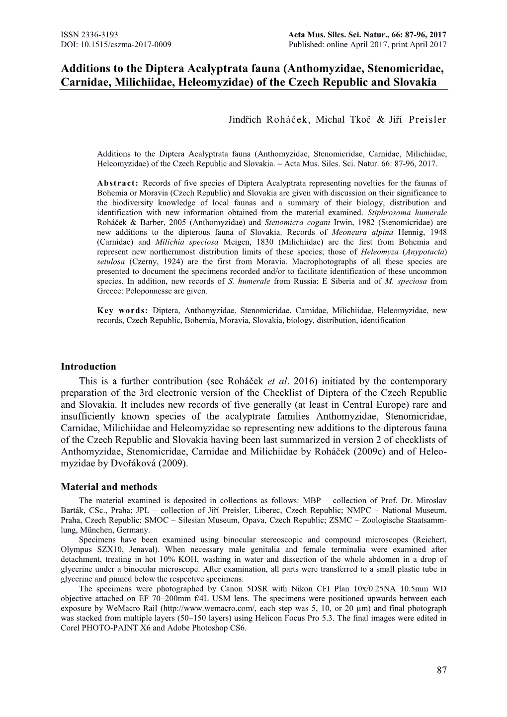 Anthomyzidae, Stenomicridae, Carnidae, Milichiidae, Heleomyzidae) of the Czech Republic and Slovakia