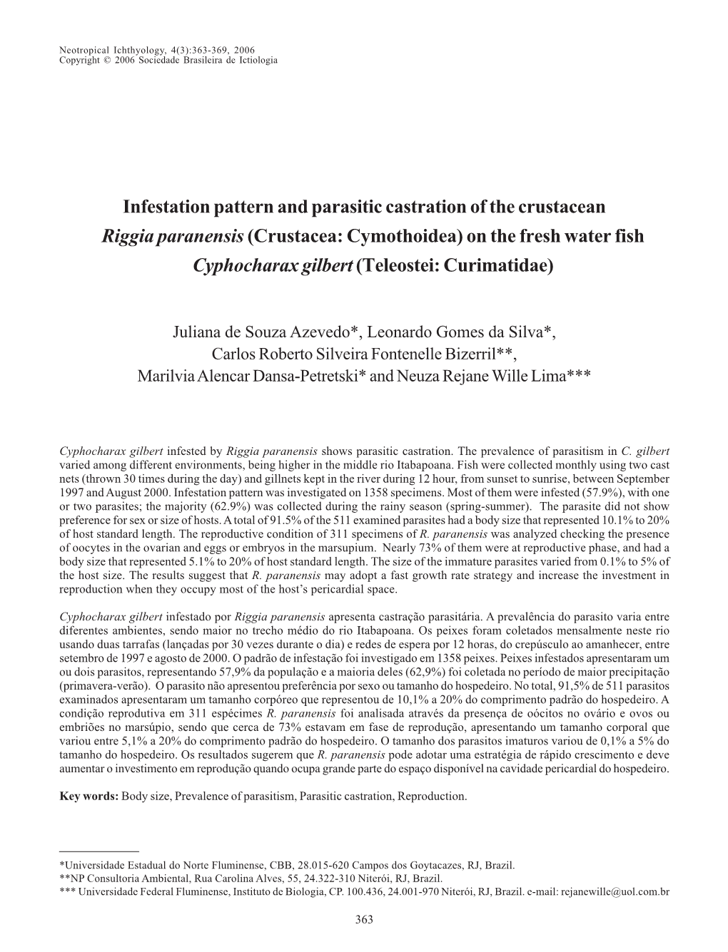 Infestation Pattern and Parasitic Castration of the Crustacean Riggia Paranensis