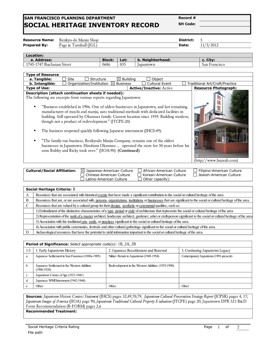 Social Heritage Inventory Record