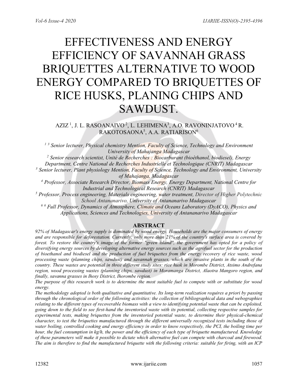 Effectiveness and Energy Efficiency of Savannah Grass Briquettes Alternative to Wood Energy Compared to Briquettes of Rice Husks, Planing Chips and Sawdust