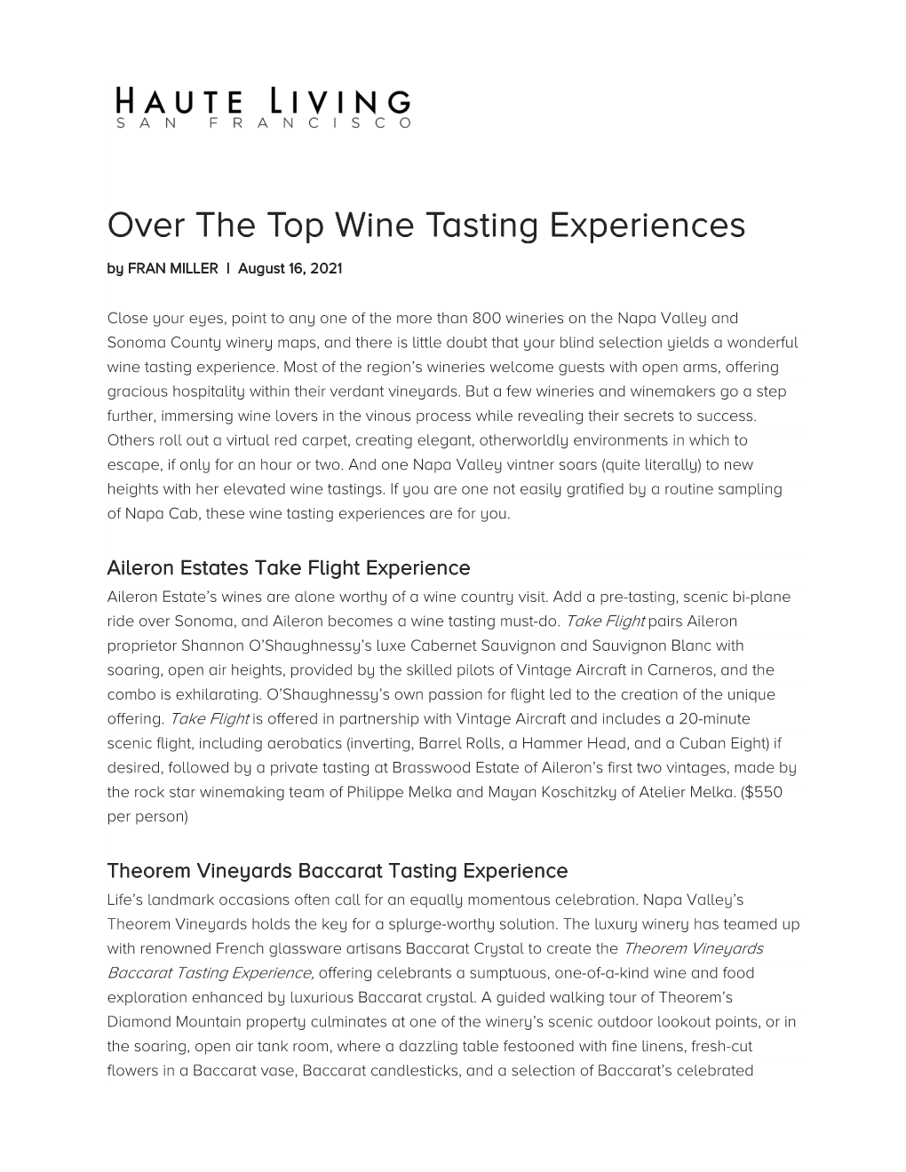 Over the Top Wine Tasting Experiences by FRAN MILLER | August 16, 2021