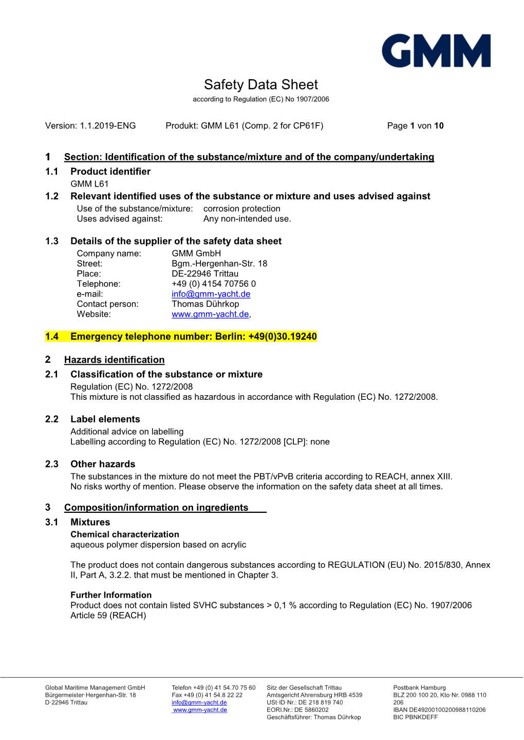 Safety Data Sheet According to Regulation (EC) No 1907/2006