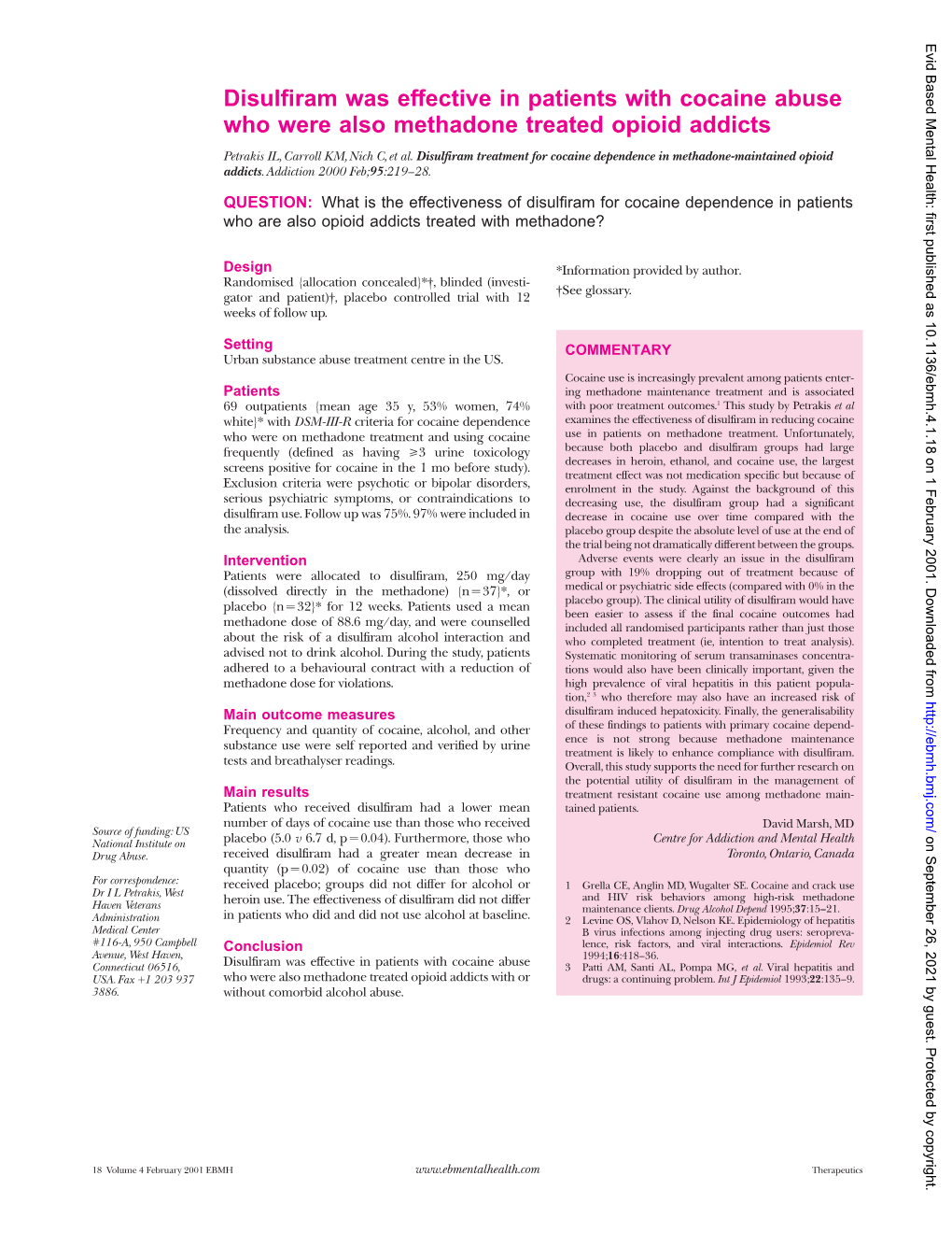 Disulfiram Was Effective in Patients with Cocaine Abuse Who Were Also