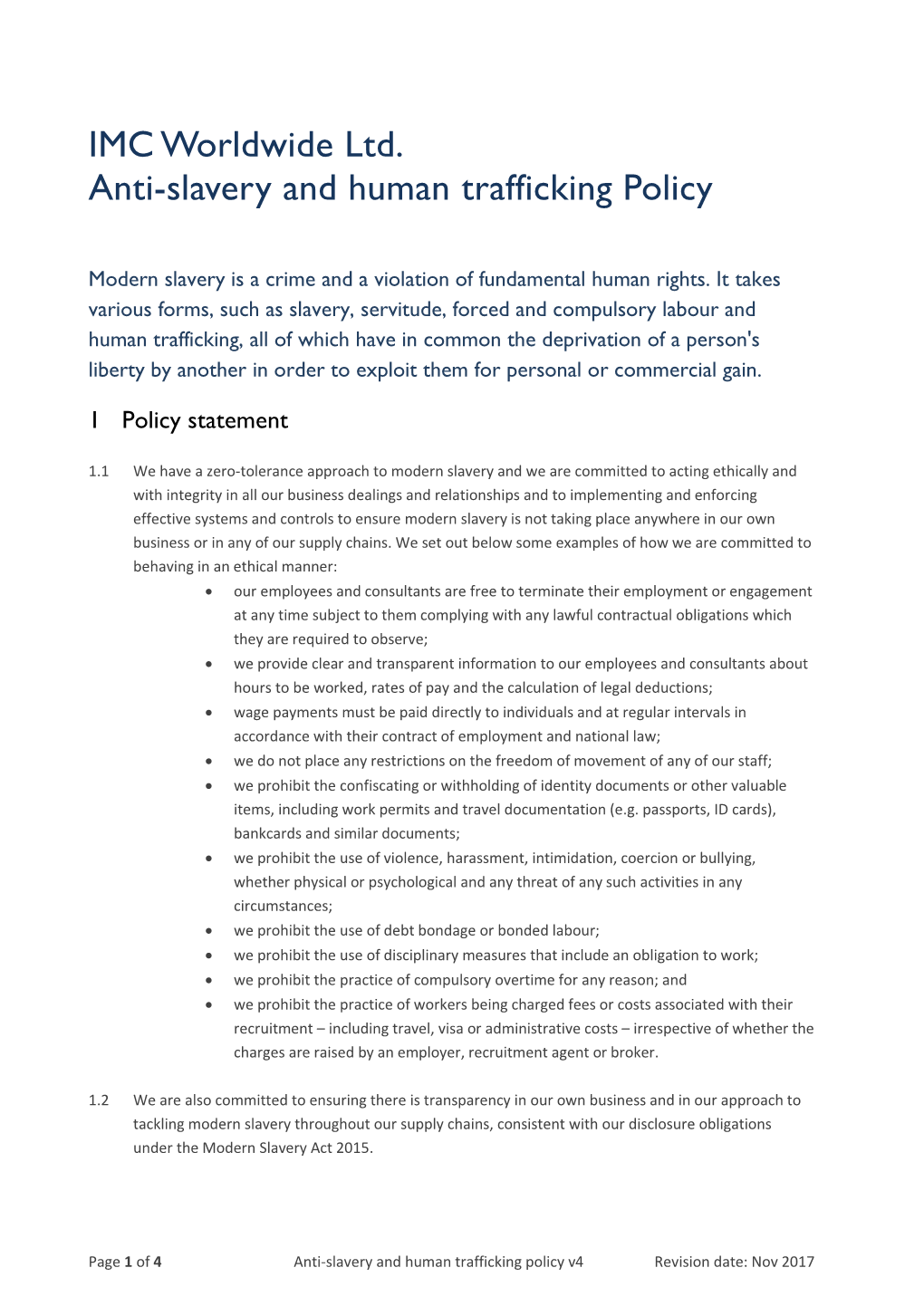 IMC Worldwide Ltd. Anti-Slavery and Human Trafficking Policy