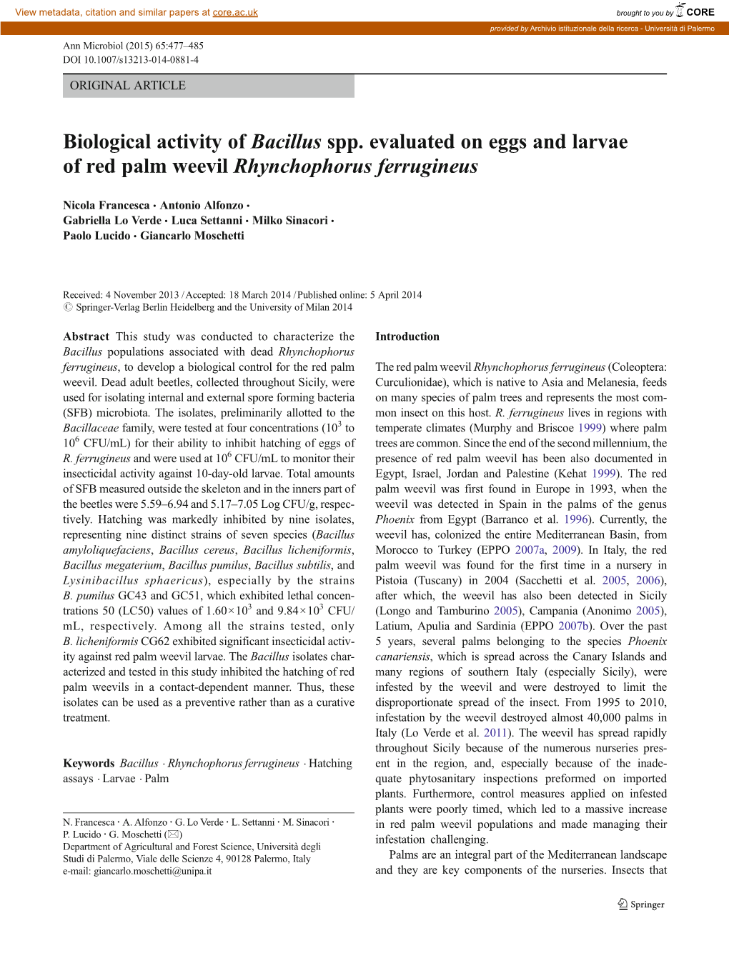 Biological Activity of Bacillus Spp. Evaluated on Eggs and Larvae of Red Palm Weevil Rhynchophorus Ferrugineus