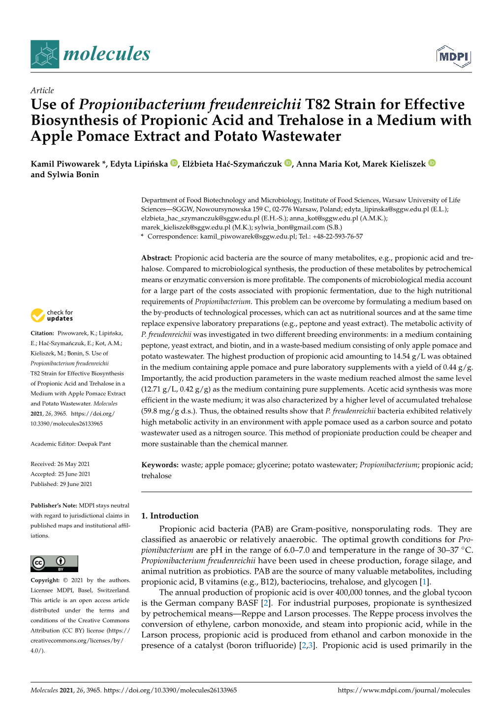 Use of Propionibacterium Freudenreichii T82 Strain For