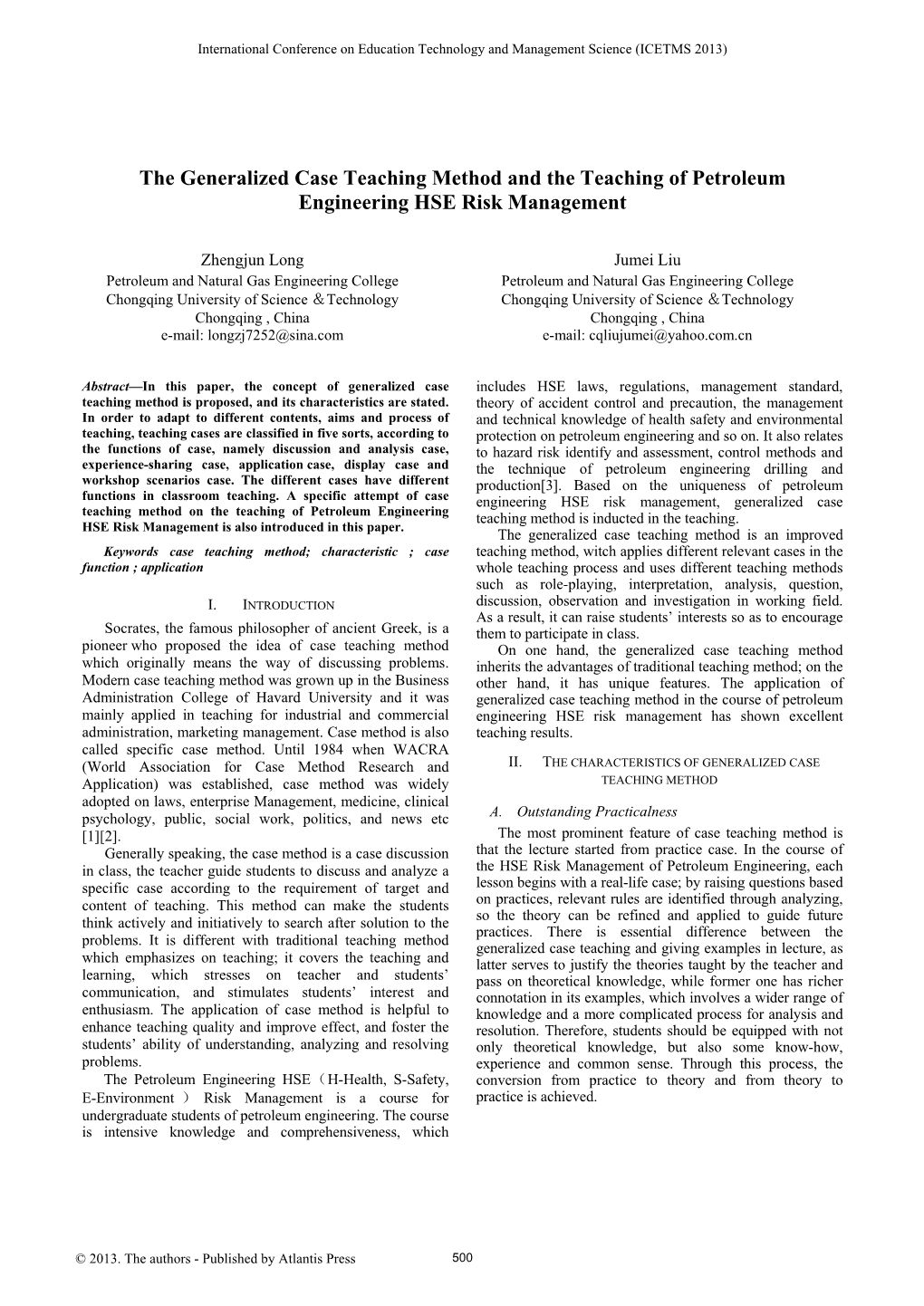 The Generalized Case Teaching Method and the Teaching of Petroleum Engineering HSE Risk Management