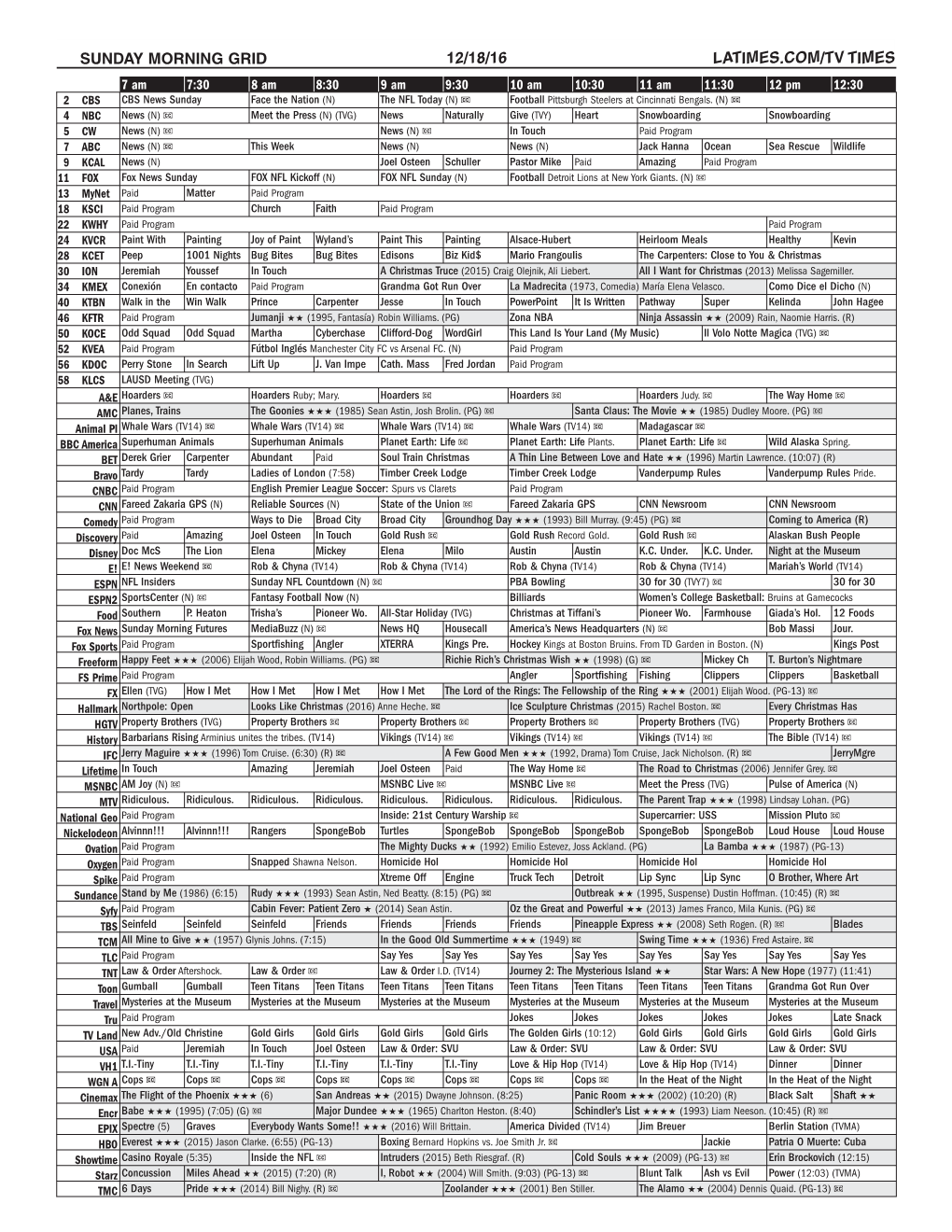 Sunday Morning Grid 12/18/16 Latimes.Com/Tv Times