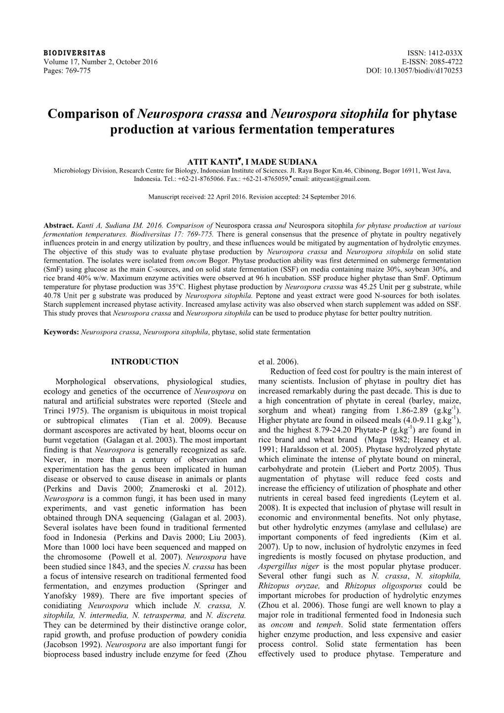 Comparison of Neurospora Crassa and Neurospora Sitophila for Phytase Production at Various Fermentation Temperatures