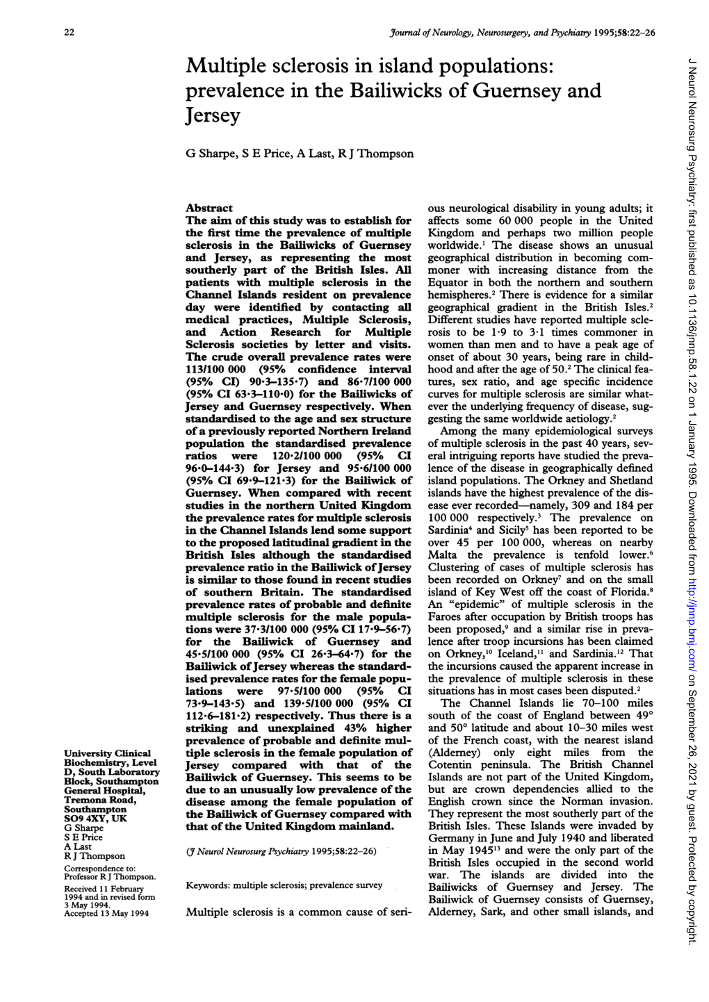 Multiple Sclerosis in Island Populations: Prevalence in the Bailiwicks of Guernsey Andj7ersey 23