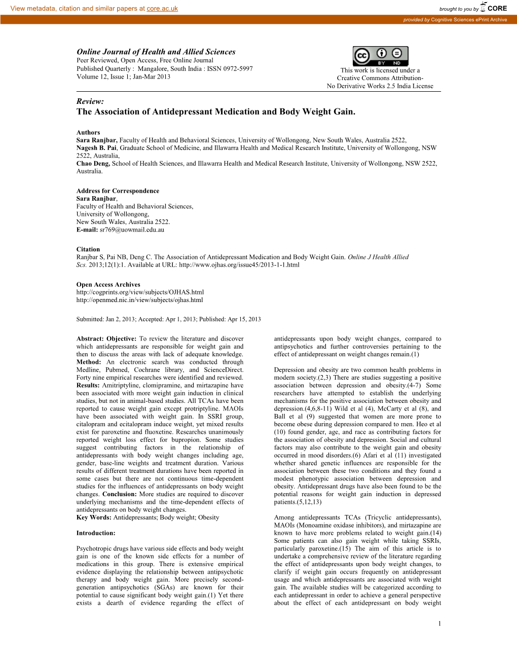 The Association of Antidepressant Medication and Body Weight Gain