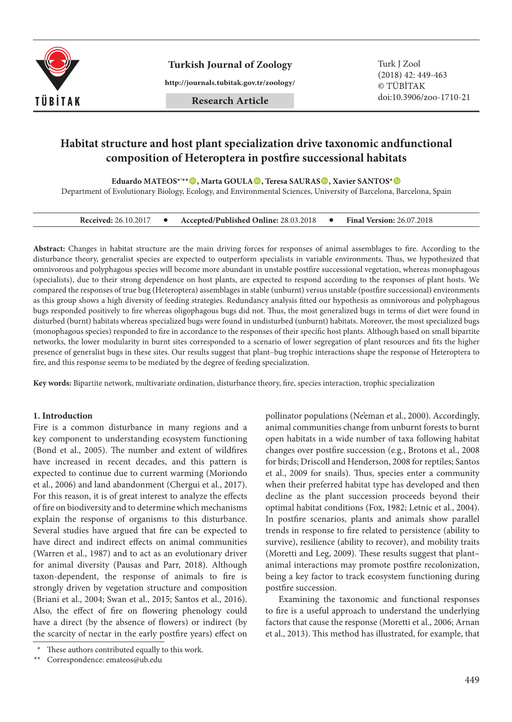 Habitat Structure and Host Plant Specialization Drive Taxonomic Andfunctional Composition of Heteroptera in Postfire Successional Habitats