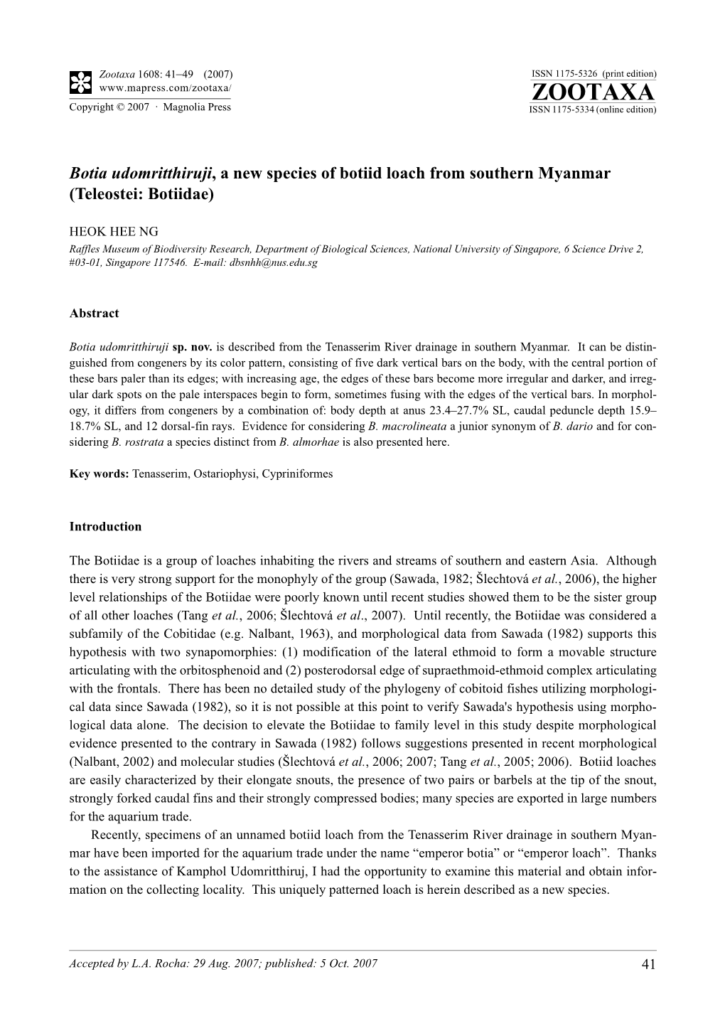 Zootaxa,Botia Udomritthiruji, a New Species of Botiid