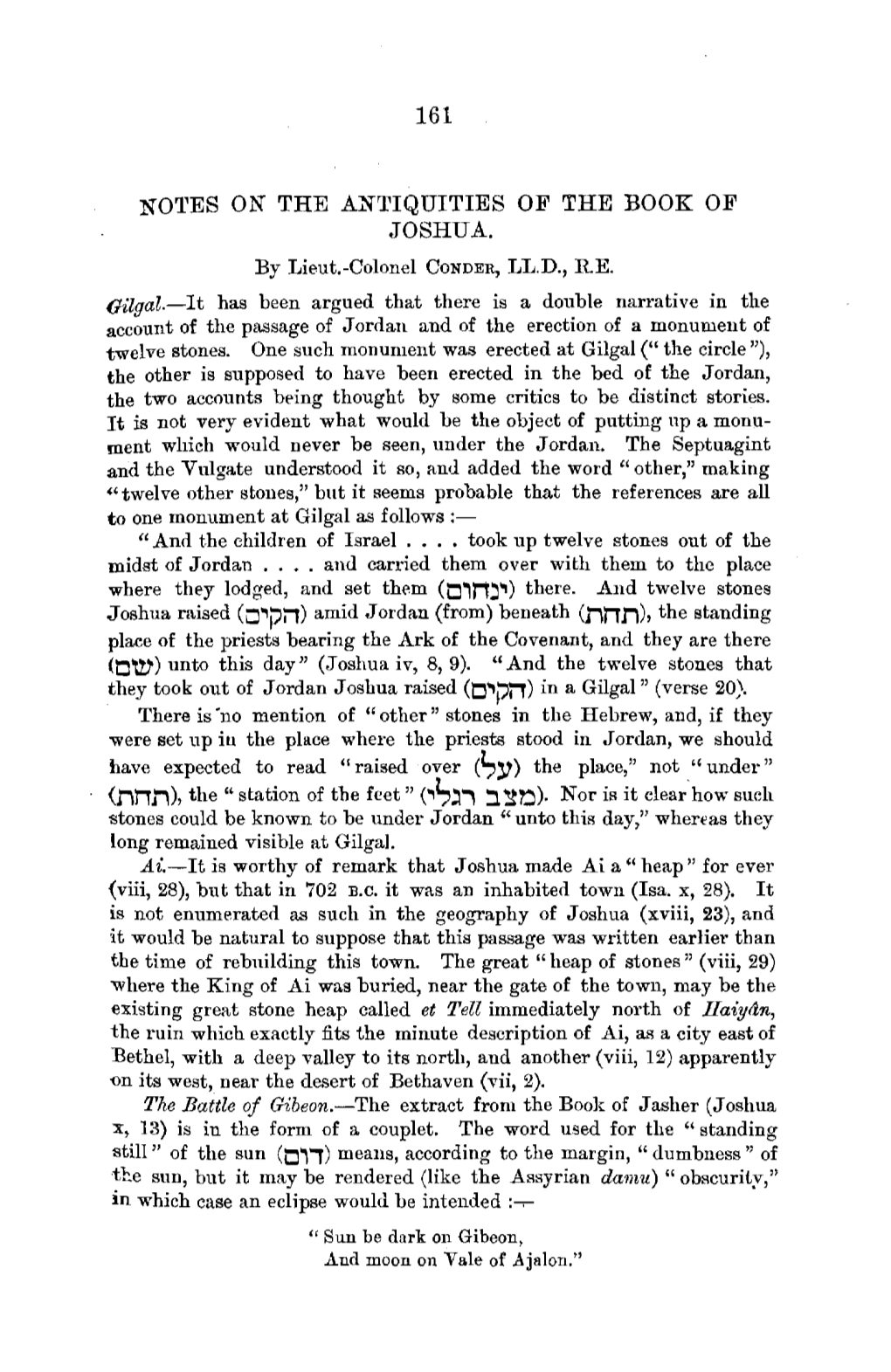 NO'l'es on the AN'l'iquities of the BOOK of JOSHUA. by Lieut.-Colonel CONDER, LL.D., RE