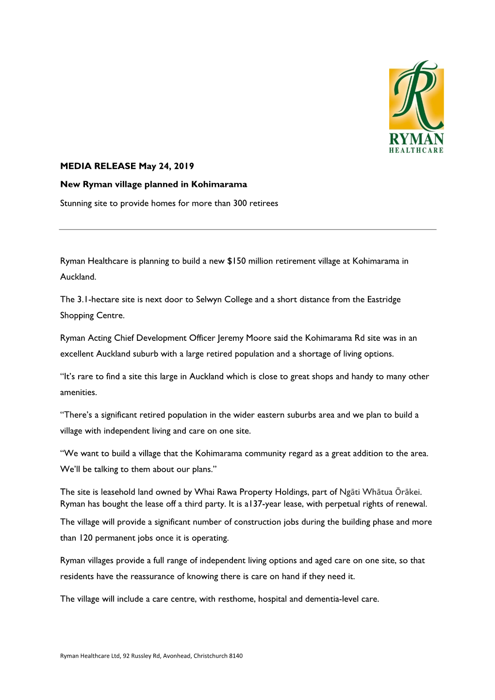 MEDIA RELEASE May 24, 2019 New Ryman Village Planned in Kohimarama