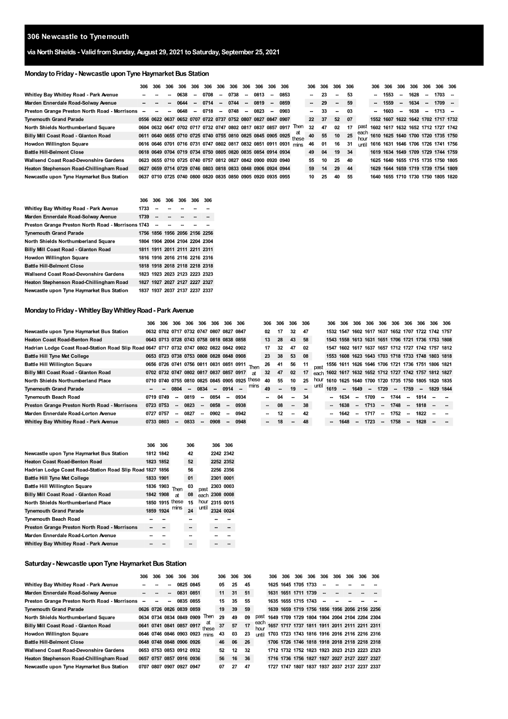 306 Newcastle to Tynemouth Via North Shields - Valid from Sunday, August 29, 2021 to Saturday, September 25, 2021