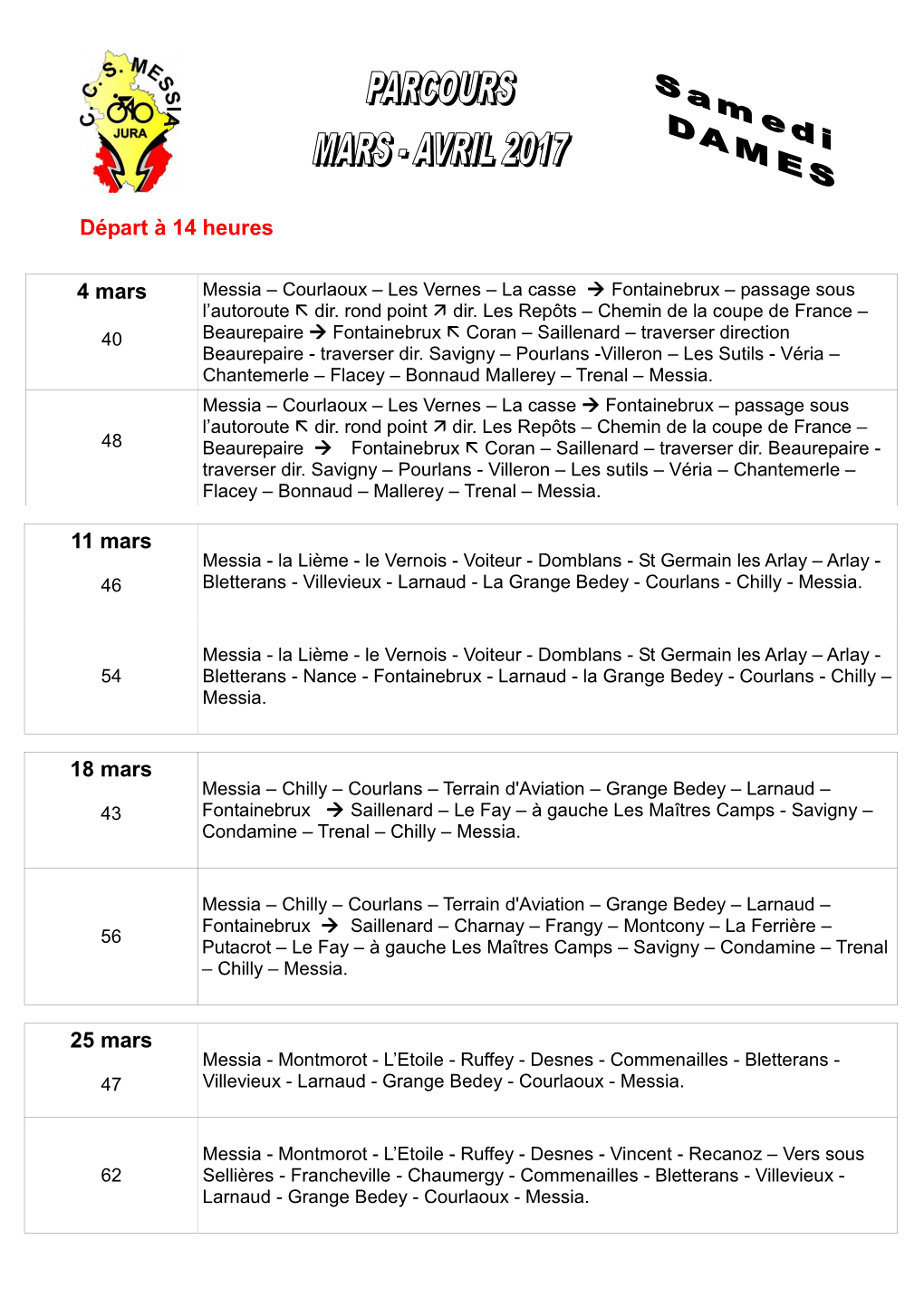 Départ À 14 Heures 4 Mars 11 Mars 18 Mars 25 Mars