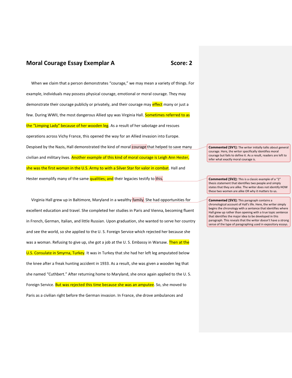 Moral Courage Essay Exemplar a Score: 2