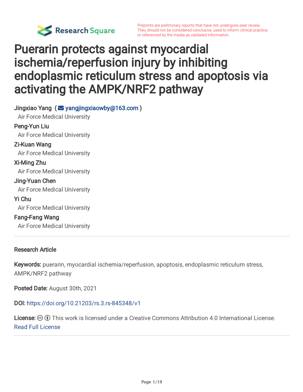 Puerarin Protects Against Myocardial Ischemia/Reperfusion Injury by Inhibiting Endoplasmic Reticulum Stress and Apoptosis Via Activating the AMPK/NRF2 Pathway