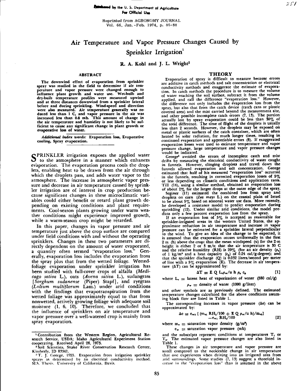 Air Temperature and Vapor Pressure Changes Caused by Sprinkler Irrigation'