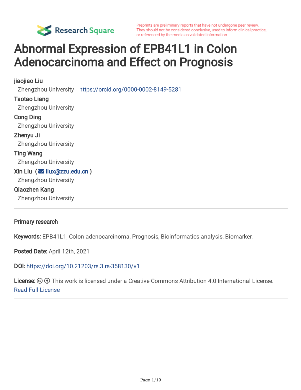Abnormal Expression of EPB41L1 in Colon Adenocarcinoma and Effect