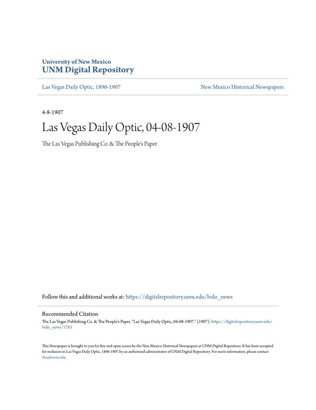 Las Vegas Daily Optic, 04-08-1907 the Las Vegas Publishing Co