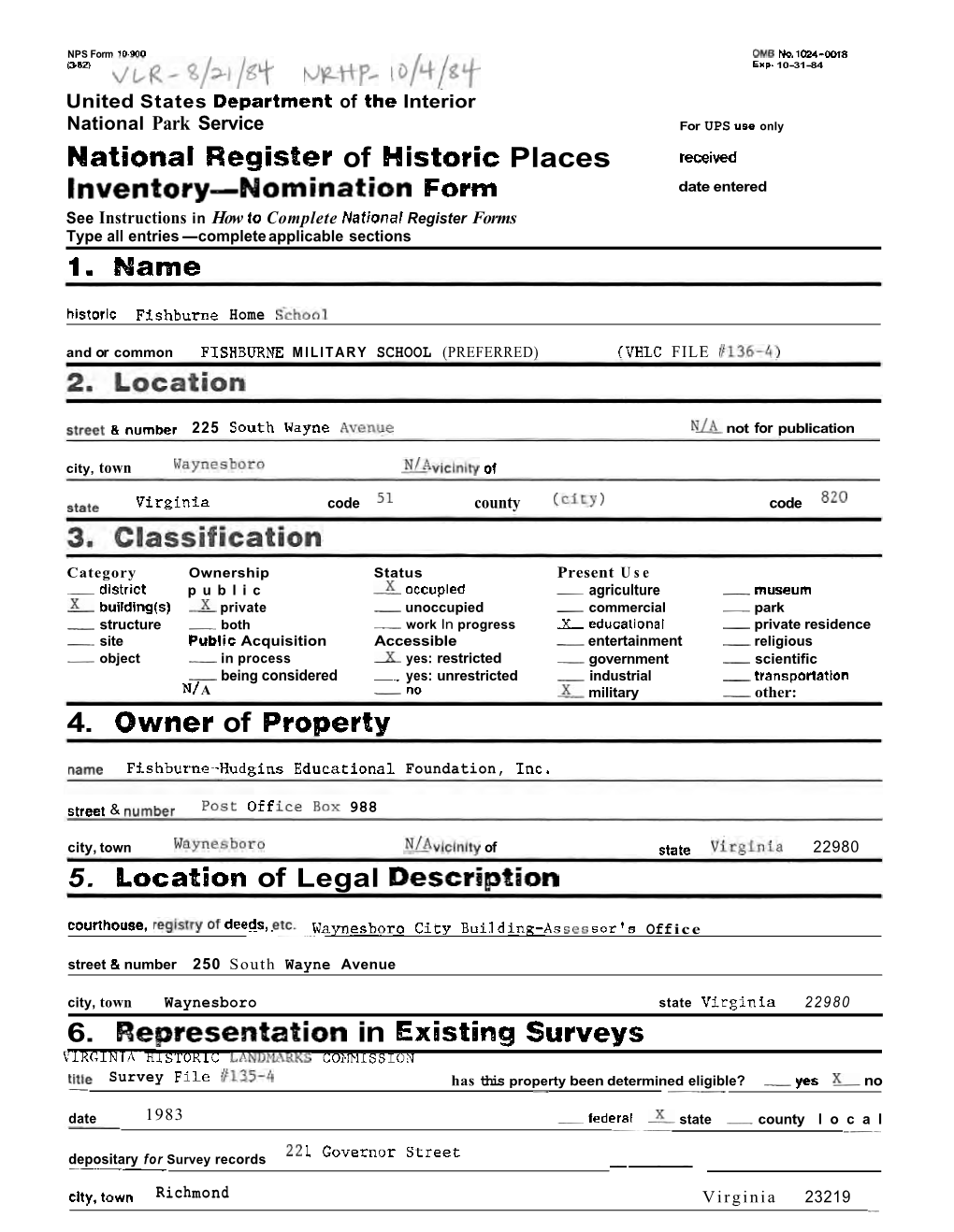 Nomination Form Date Entered See Instructions in How to Complete Nafional Register Forms Type All Entries-Completeapplicable Sections 1