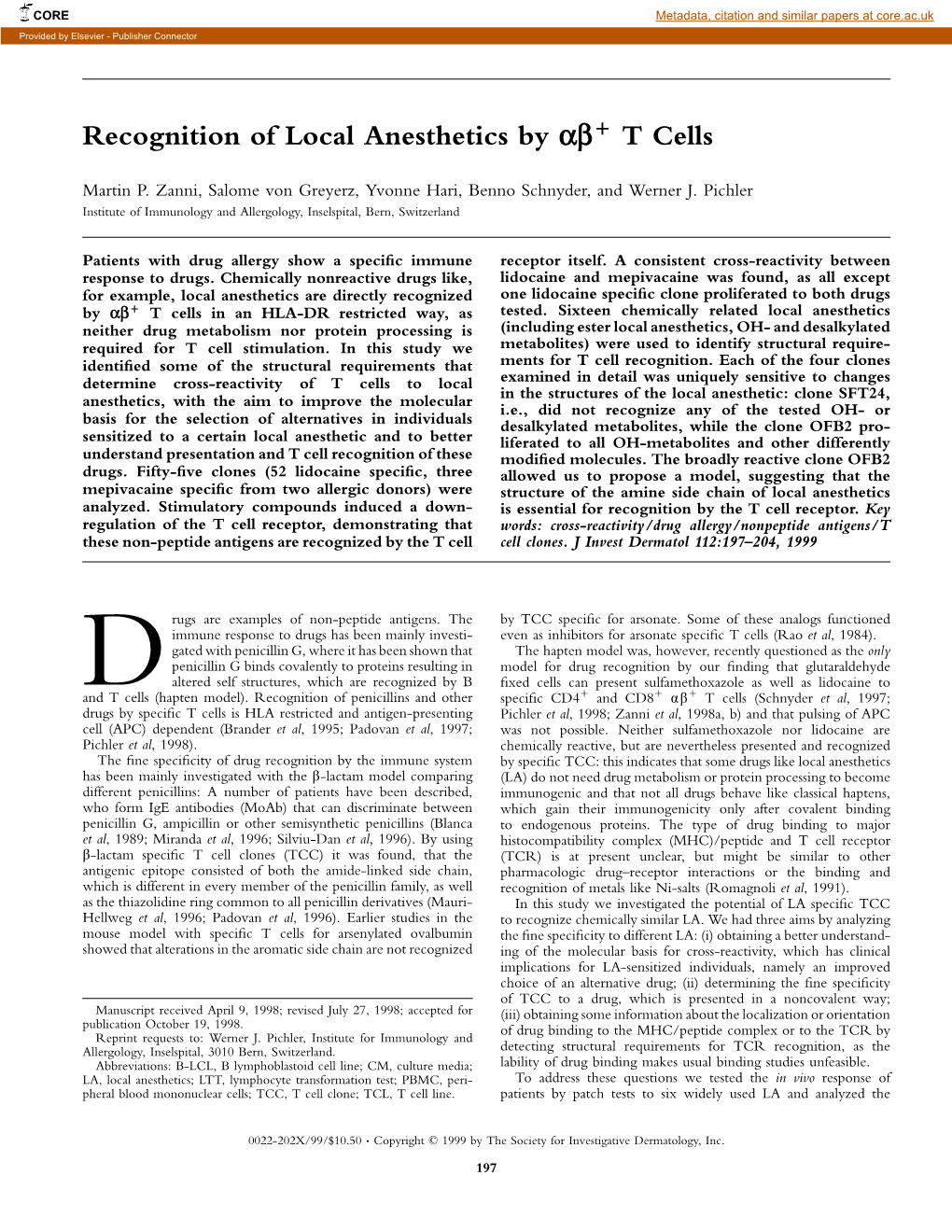 Recognition of Local Anesthetics by Αβ+ T Cells