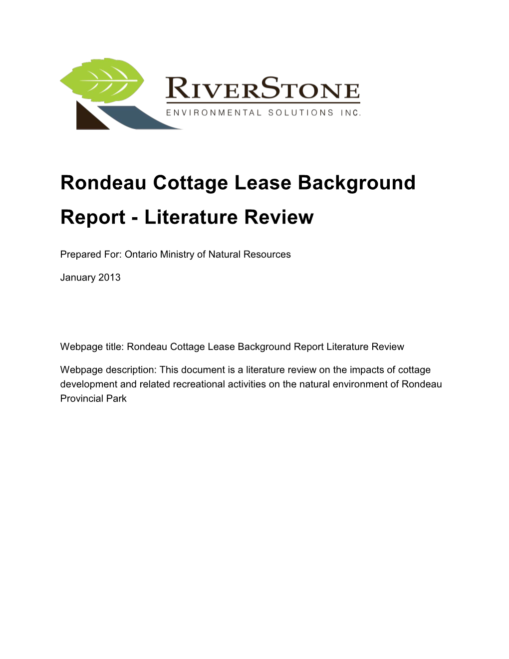 Rondeau Cottage Lease Background Report - Literature Review