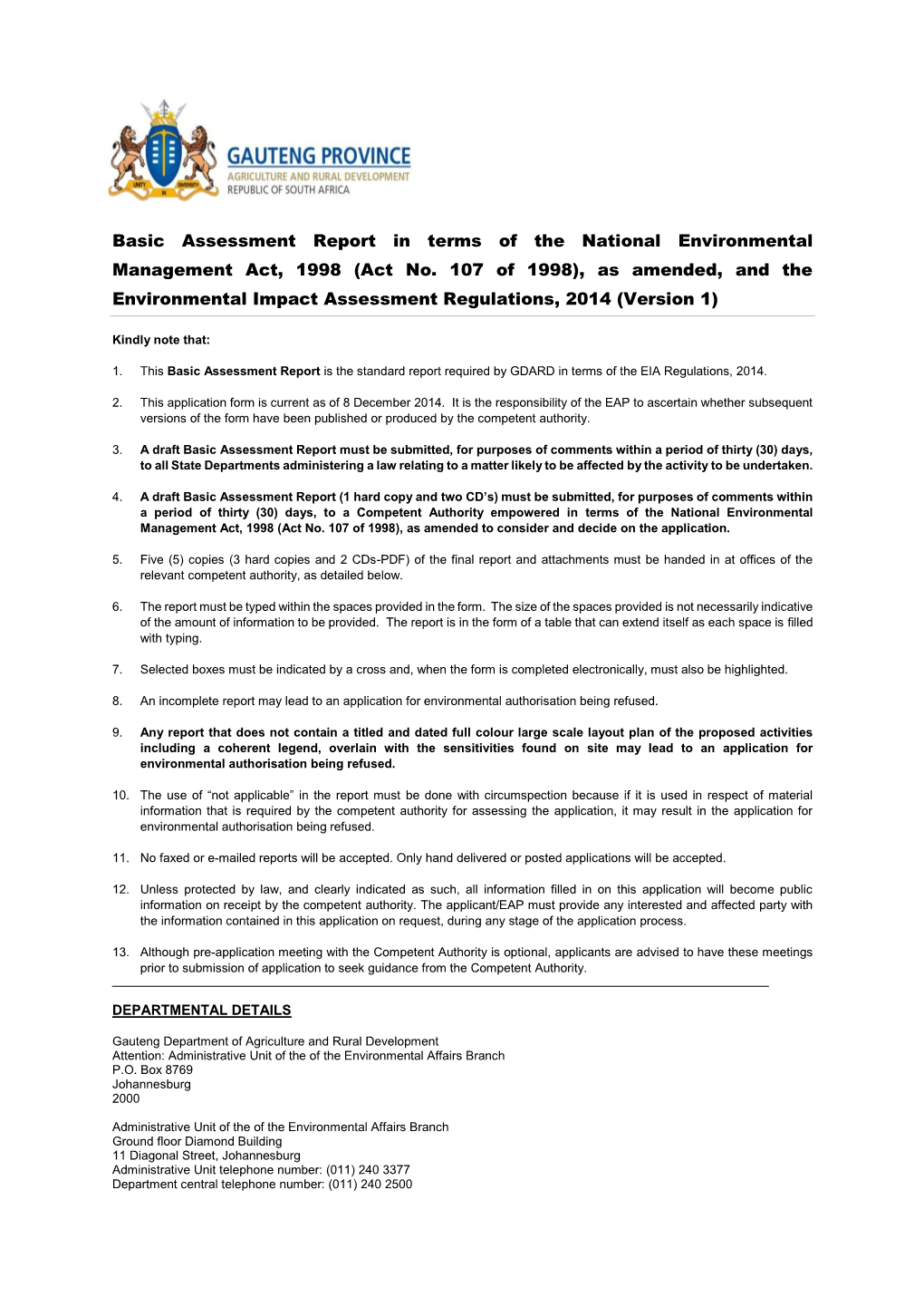Basic Assessment Report in Terms of the National Environmental Management Act, 1998 (Act No