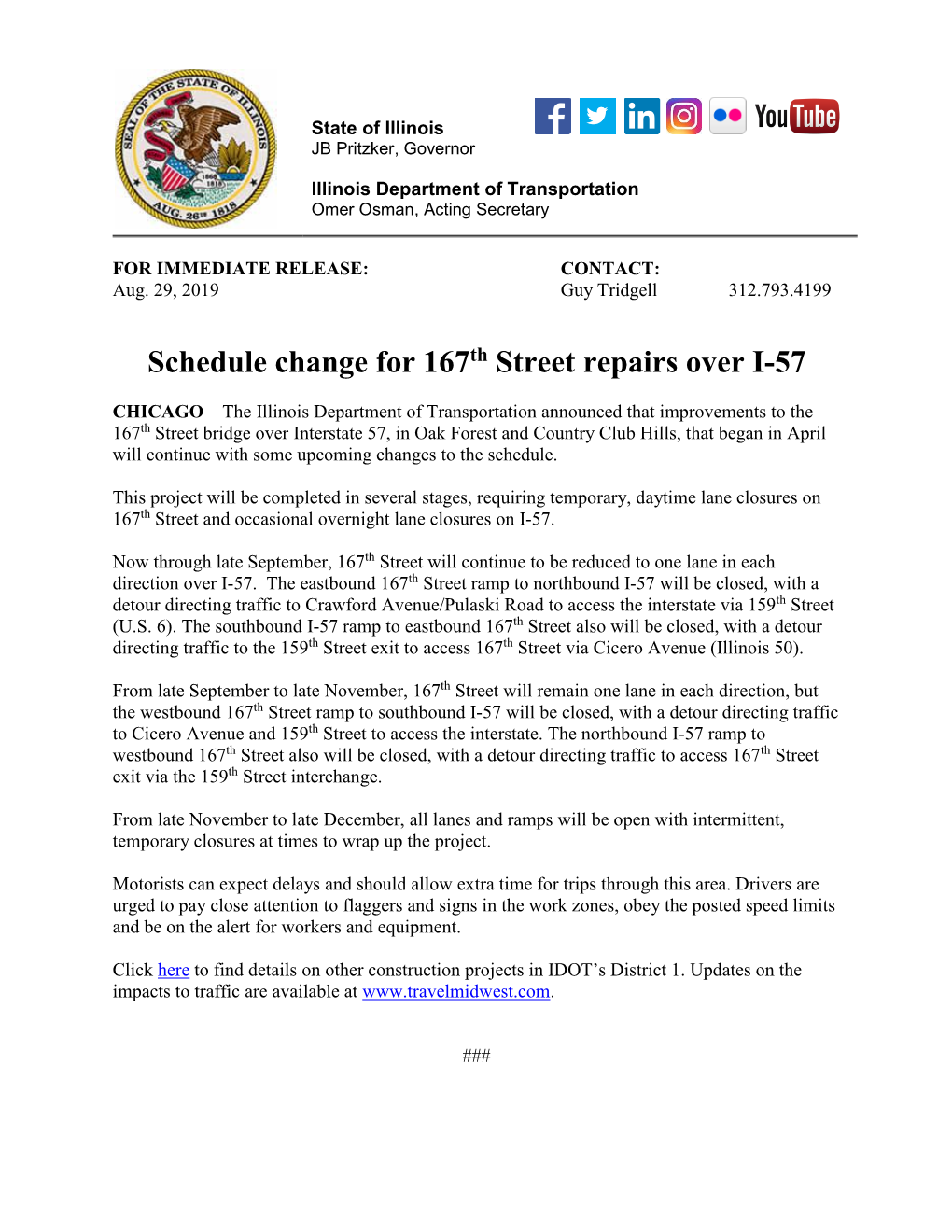 Schedule Change for 167Th Street Repairs Over I-57