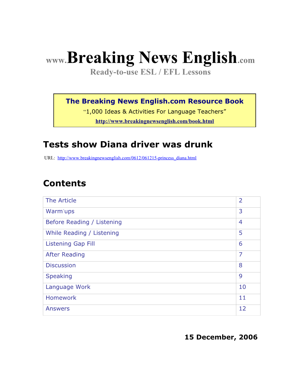 Tests Show Diana Driver Was Drunk