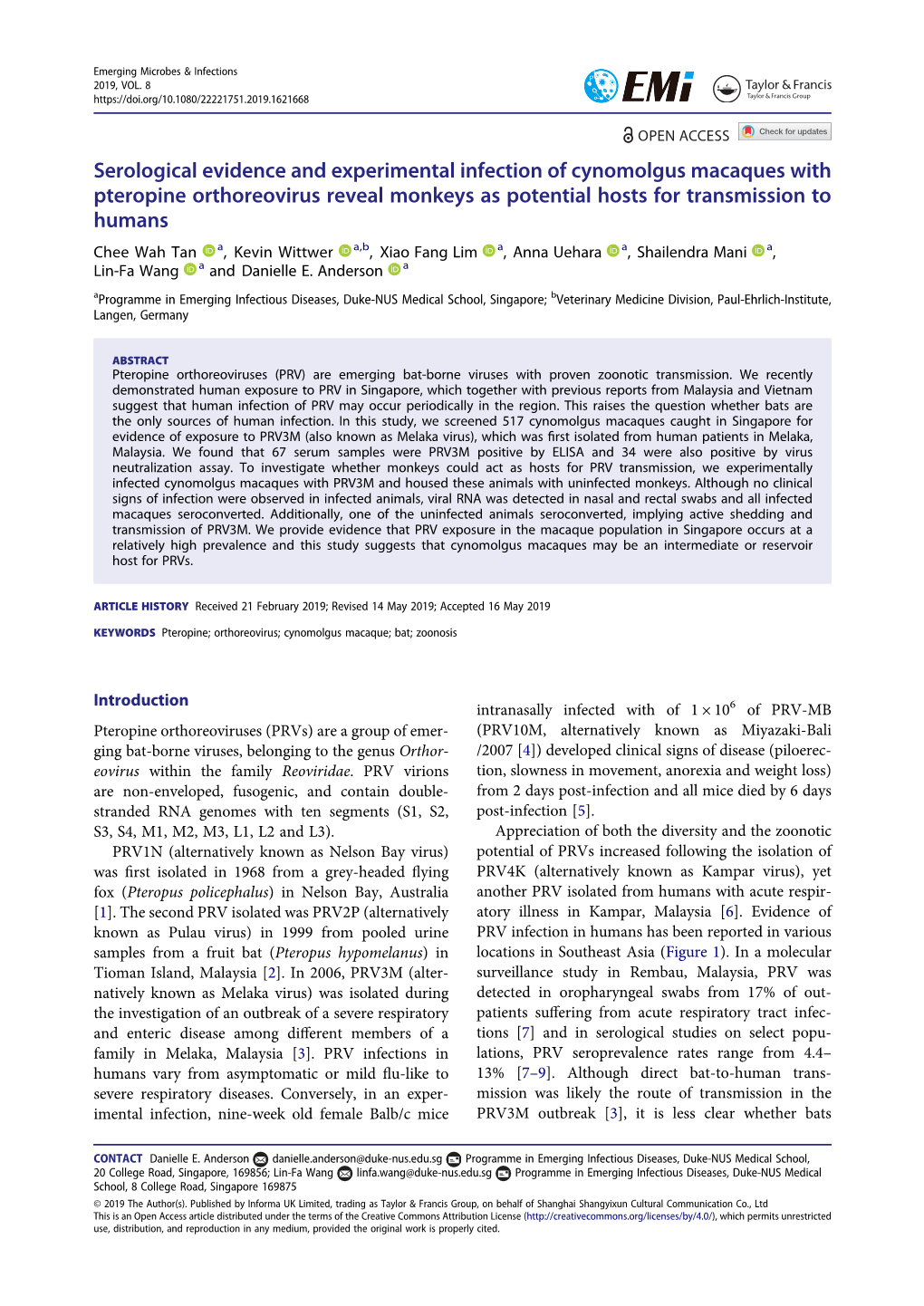 Serological Evidence and Experimental Infection Of