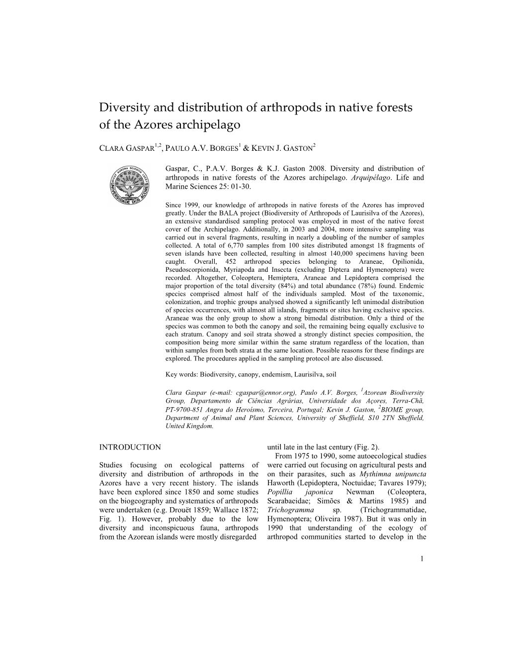 Diversity and Distribution of Arthropods in Native Forests of the Azores Archipelago