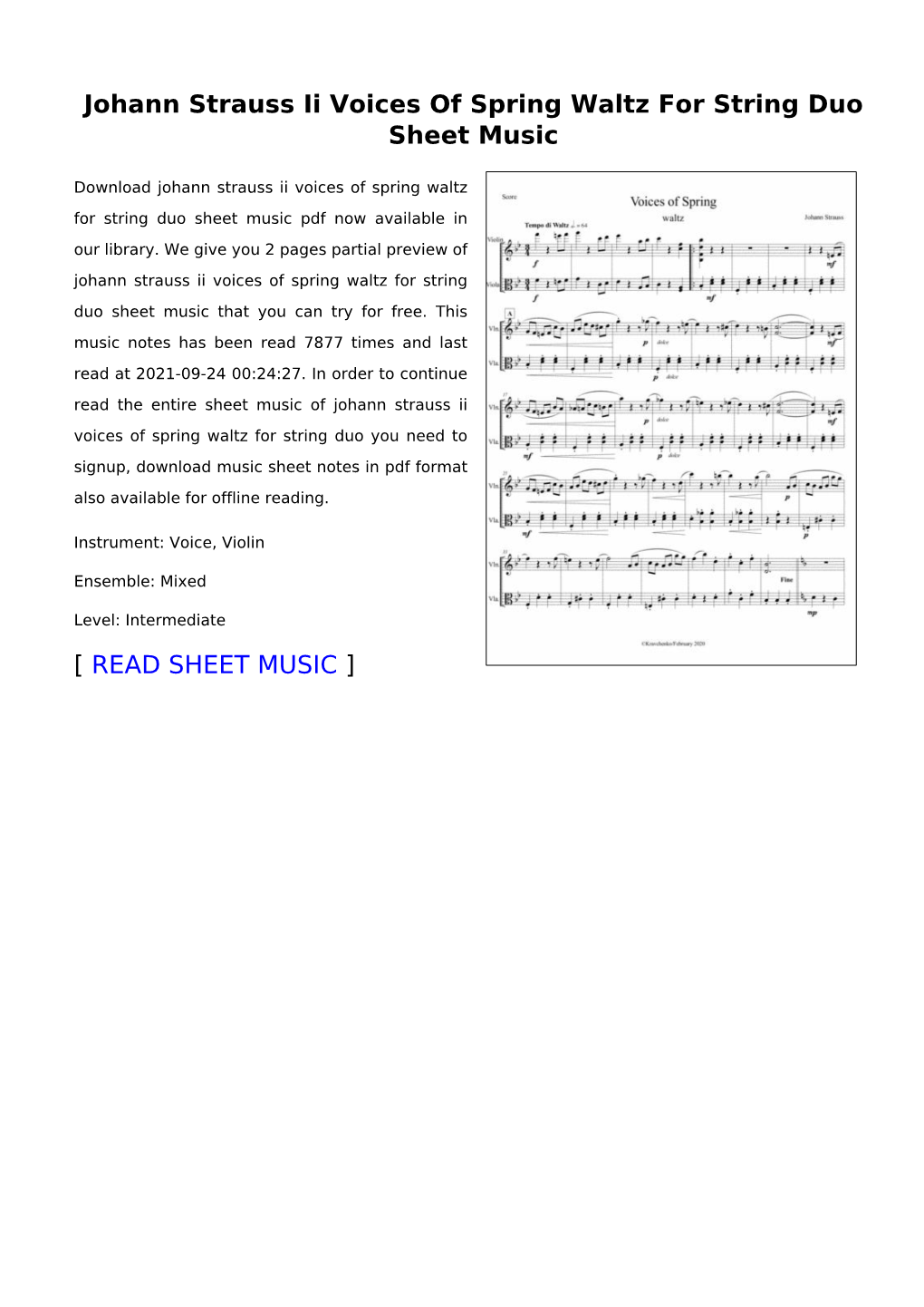 Johann Strauss Ii Voices of Spring Waltz for String Duo Sheet Music