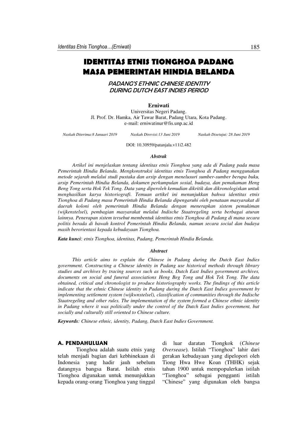 Identitas Etnis Tionghoa Padang Masa Pemerintah Hindia Belanda Padang’S Ethnic Chinese Identity During Dutch East Indies Period