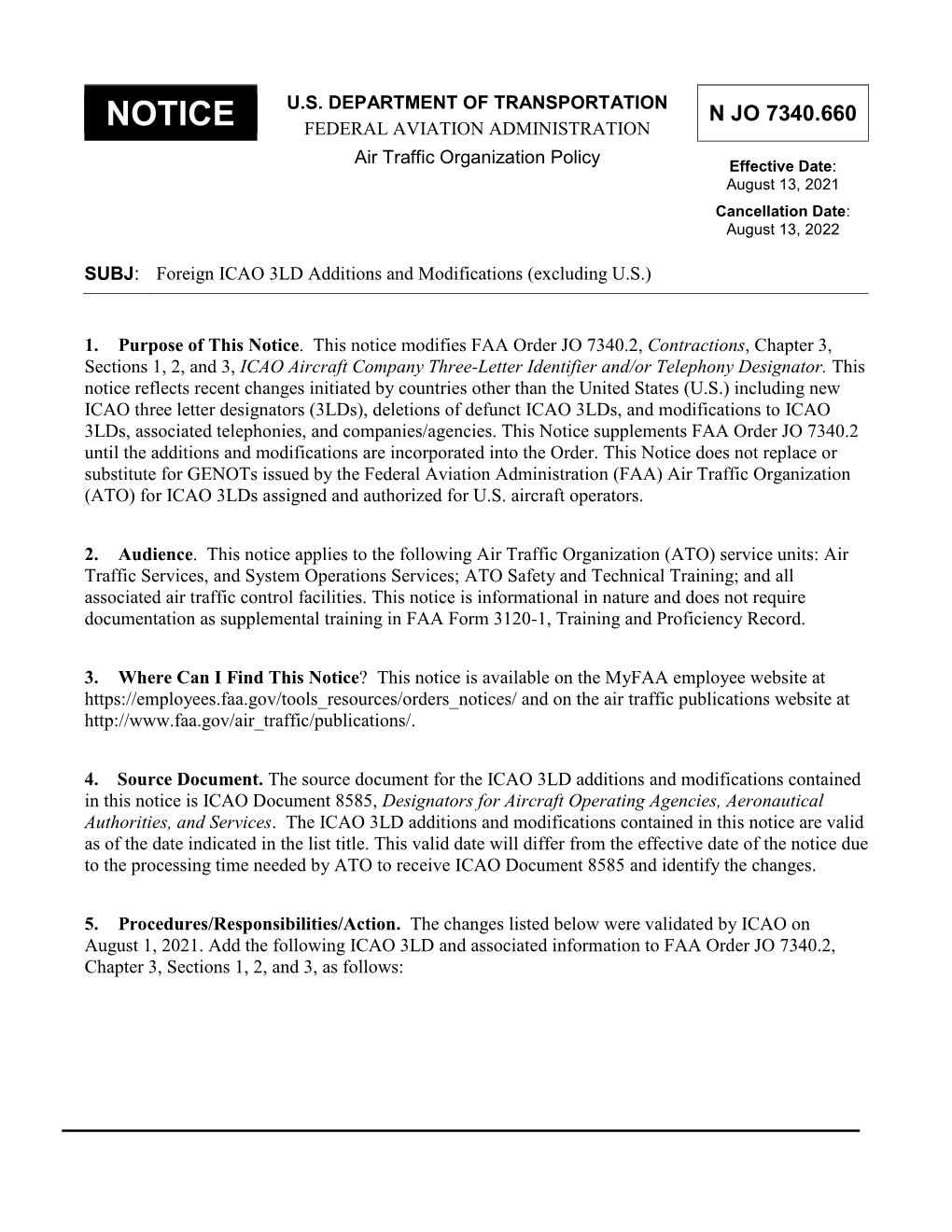 Foreign ICAO 3LD Additions and Modifications (Excluding U.S.)